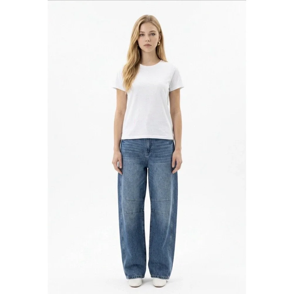 Women’s Blue Denim Barrel Leg Jeans Size 12 High Rise Wide Leg Trendy - Picture 15 of 16